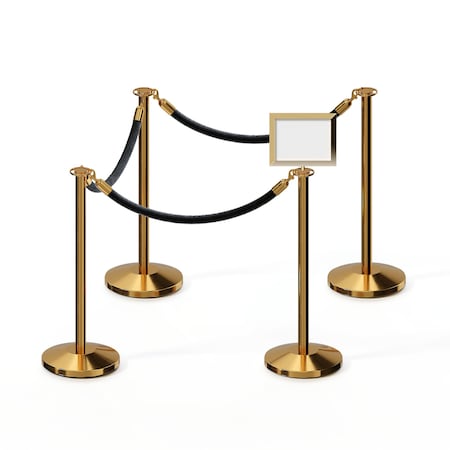 Stanchion Post & Rope Kit Pol.Brass,4FlatTop 3Blk Rope 8.5x11H Sign